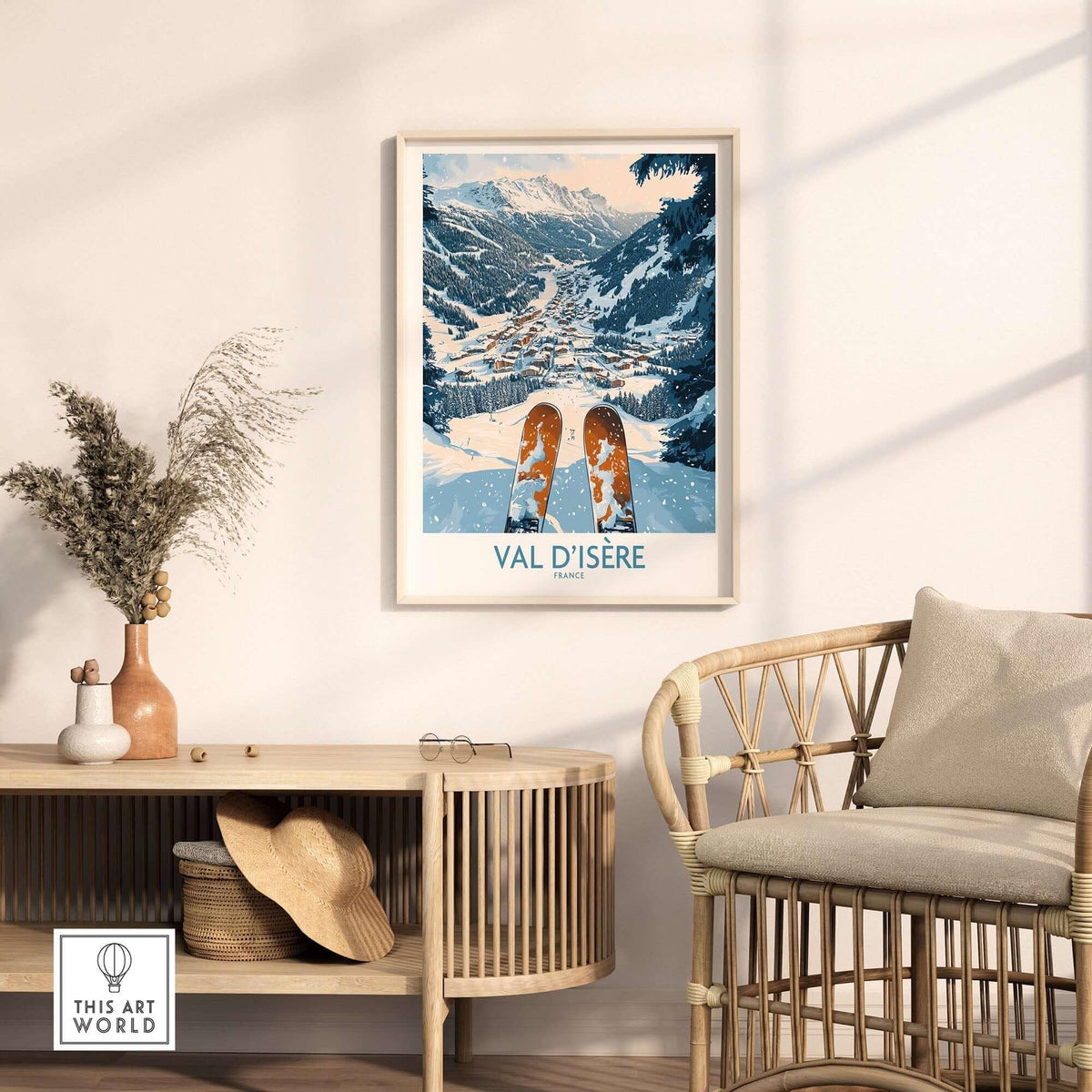 Val d'Isere poster featuring a snowy mountain landscape and ski equipment in a stylish home setting. Perfect ski wall art.