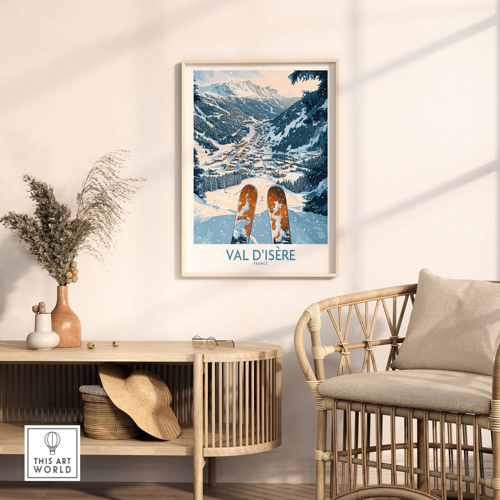 Val d'Isere poster featuring a snowy mountain landscape and ski equipment in a stylish home setting. Perfect ski wall art.