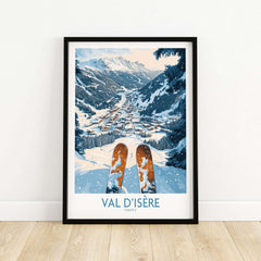 Val d'Isère poster featuring a ski scene with snowy mountains and ski equipment, perfect for ski enthusiasts and wall art lovers.