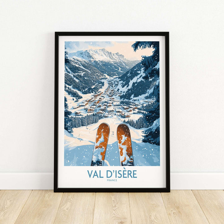 Val d'Isère poster featuring a ski scene with snowy mountains and ski equipment, perfect for ski enthusiasts and wall art lovers.