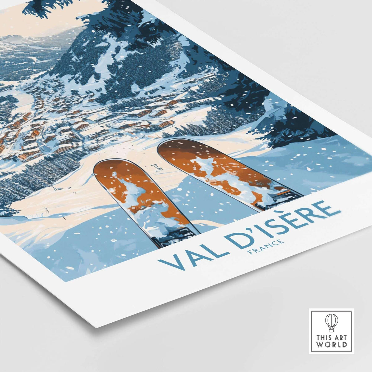 Val d'Isère ski poster featuring snowy slopes and mountains, ideal for ski lovers and outdoor enthusiasts.