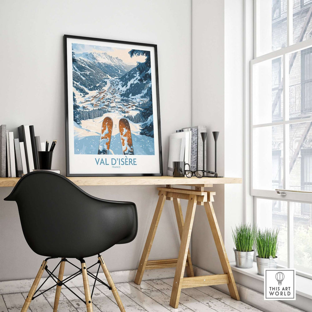 Val d'Isere ski poster displayed in a stylish home office, highlighting winter sports and mountain scenery.