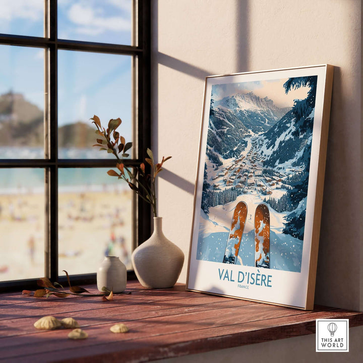 Val d'Isère ski poster featuring snowy mountain landscape and ski gear, perfect for winter enthusiasts and home decor.