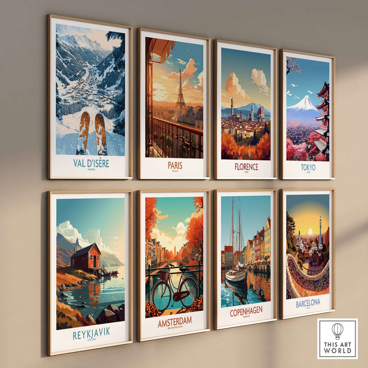 A collage of vibrant travel posters featuring Val d'Isere, Paris, Florence, Tokyo, Reykjavik, Amsterdam, Copenhagen, and Barcelona.