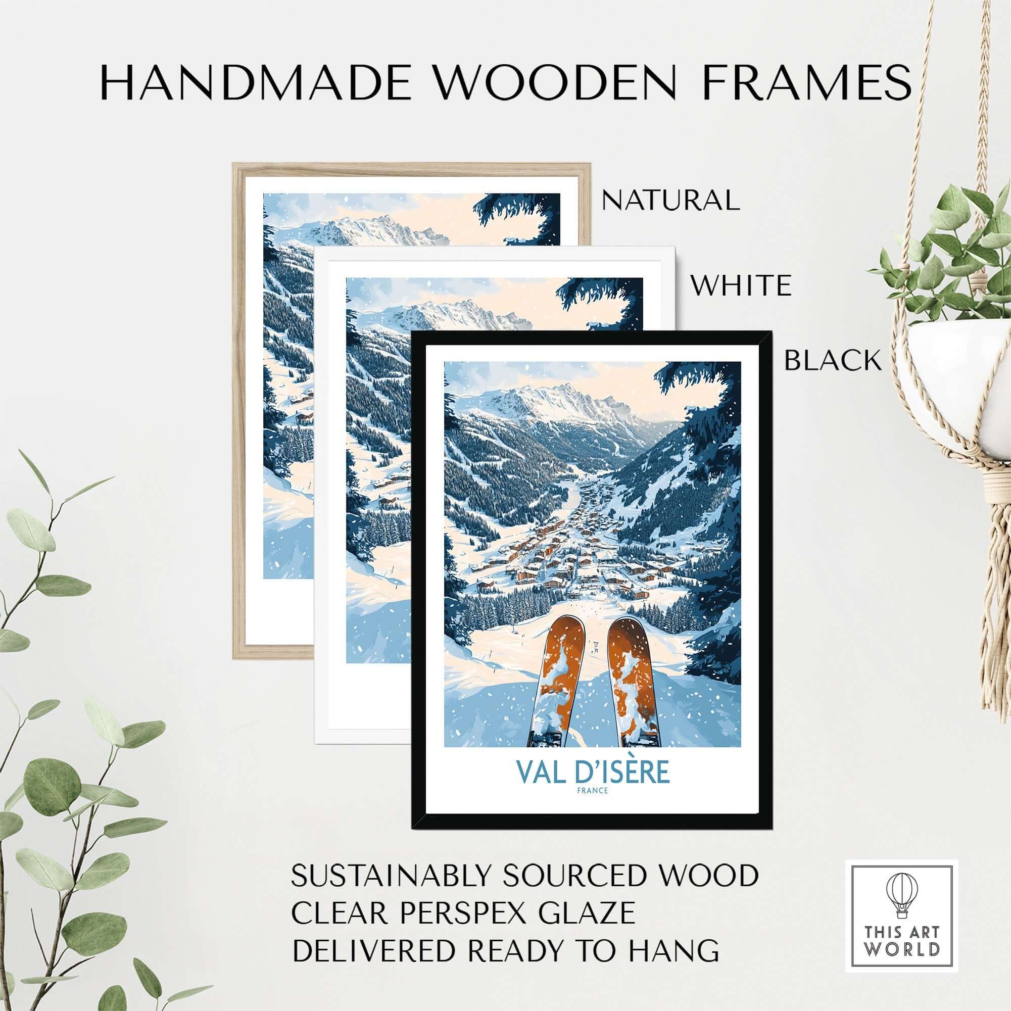 Handmade wooden frames in natural, white, and black showcasing Val d'Isère ski poster with sustainable materials.
