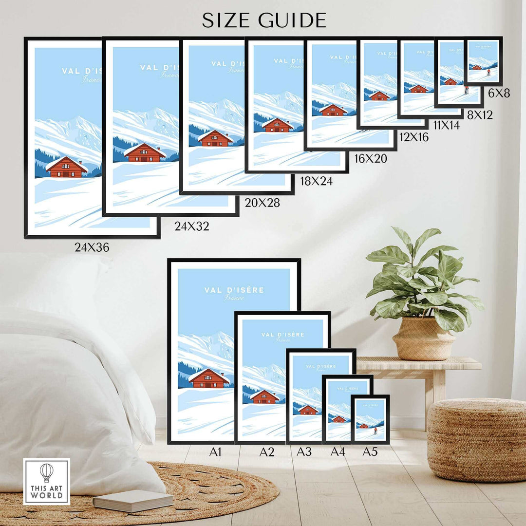 Val-d'Isère Ski Poster Size Guide, France; Various Dimensions Displayed in a Modern Room Setting