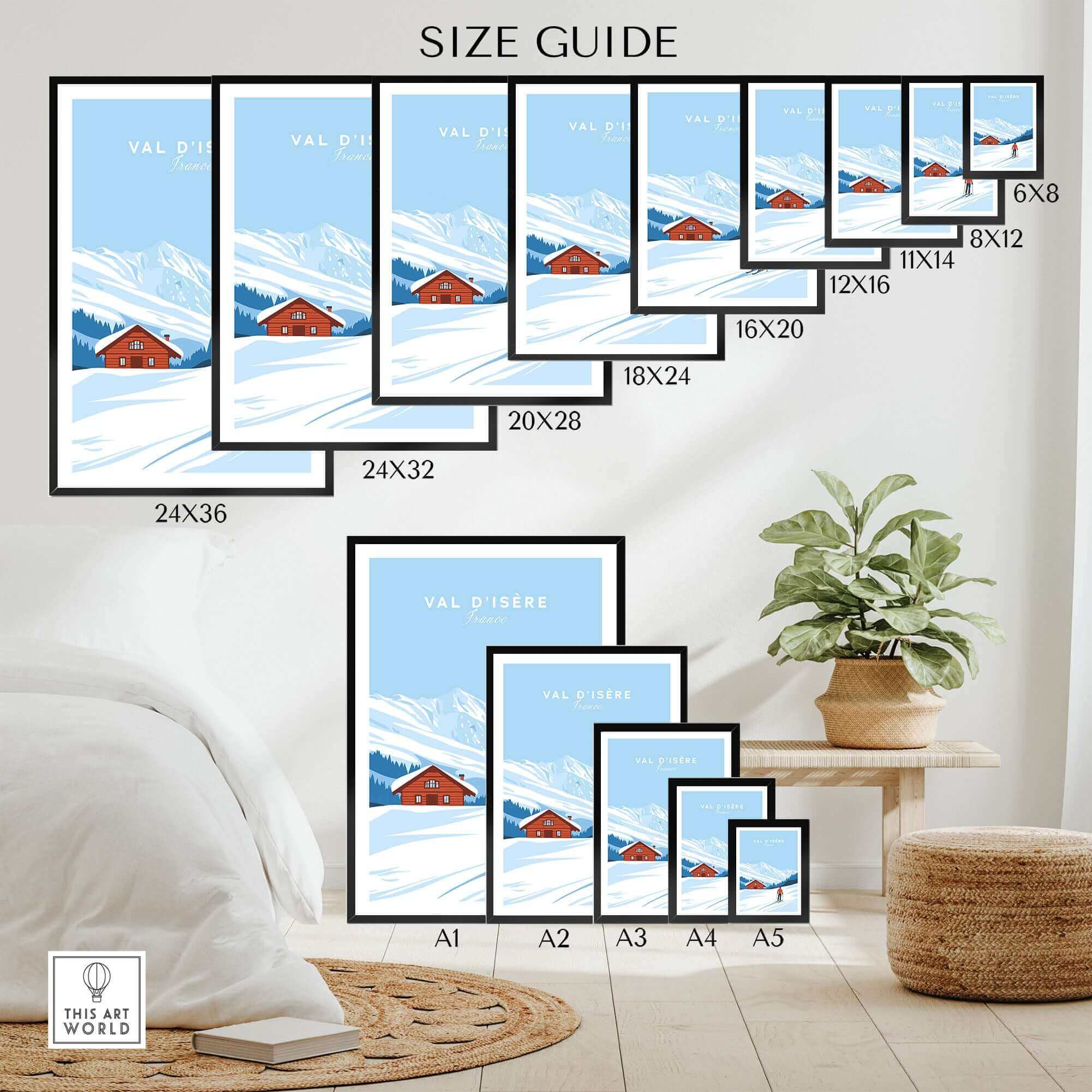 Val-d'Isère Ski Poster Size Guide, France; Various Dimensions Displayed in a Modern Room Setting