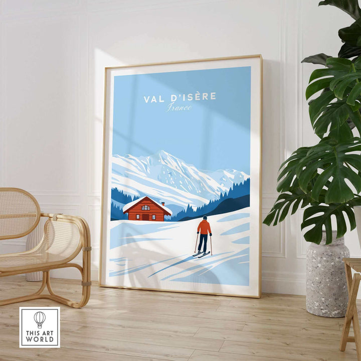 Val-d'Isère ski poster featuring snowy mountains and skier, perfect for decorating spaces with a touch of French Alps charm.