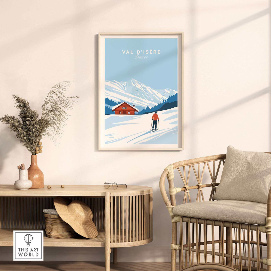 Val-d'Isère ski poster featuring a skier and chalet in snowy landscape, perfect for decor. Retro travel art of France.