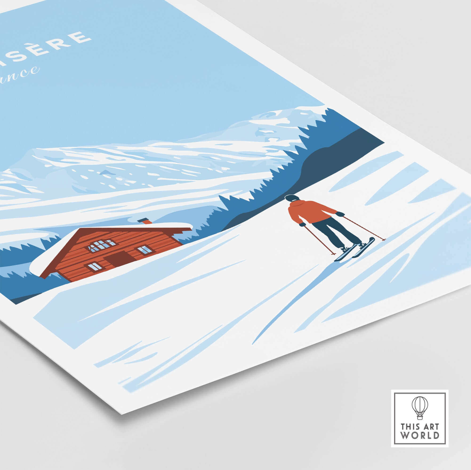 Vintage Val-d'Isère ski poster featuring skier and alpine chalet, perfect for winter sports enthusiasts and home decor.