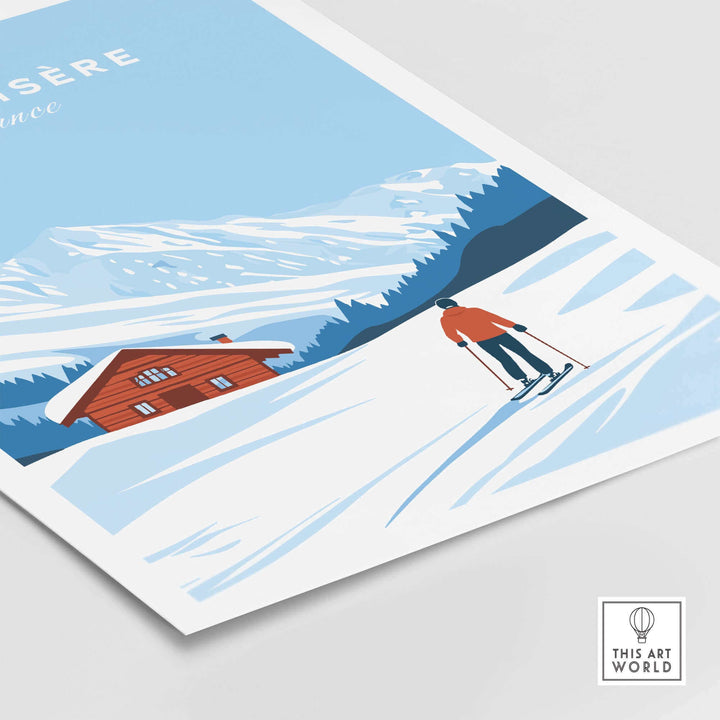 Vintage Val-d'Isère ski poster featuring skier and alpine chalet, perfect for winter sports enthusiasts and home decor.