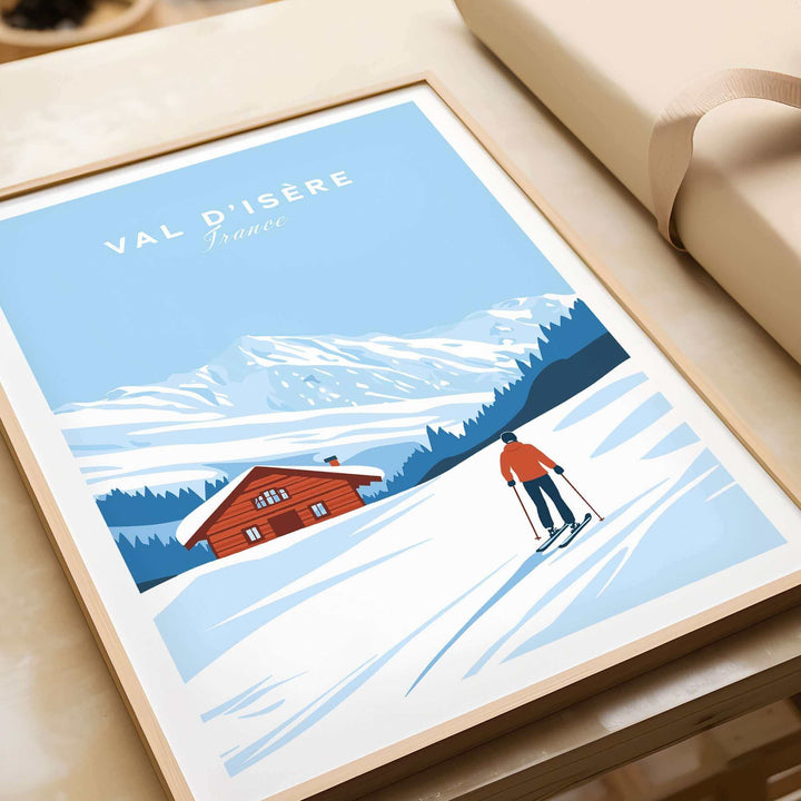 Val-d'Isère ski poster featuring a skier and chalet against snowy mountains, perfect for France ski enthusiasts and decor lovers.