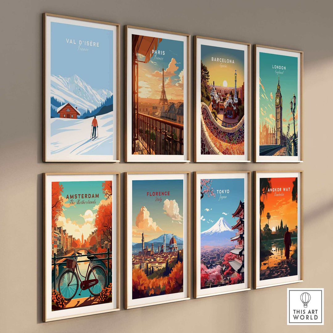 Collection of travel posters featuring destinations like Val-d'Isère, Paris, and Tokyo, perfect for ski and international travel enthusiasts.