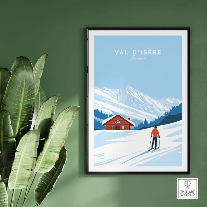 Val-d'Isère ski poster with snowy mountains and chalet, featuring a skier, perfect wall art decor for winter sports enthusiasts.