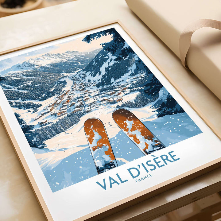 Val d'Isère ski poster featuring snowy mountains and skis, perfect for ski lovers and outdoor enthusiasts.