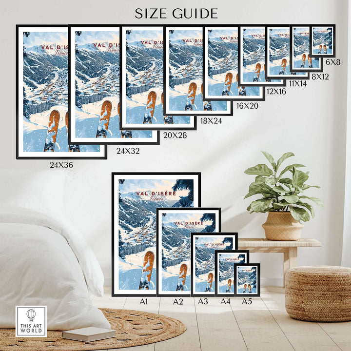 Val d'Isere print size guide showcasing various frame options for ski-themed home decor in a cozy setting.