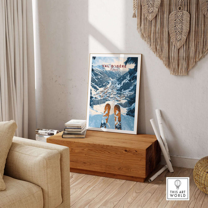 Val d'Isere print displayed in a cozy living room, capturing the beauty of ski culture and mountain scenery.