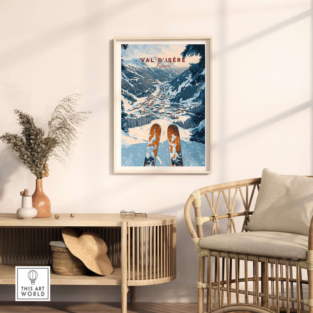 Val d'Isere ski poster displayed on a stylish wall, showcasing snowy mountains and ski slopes in elegant home decor.