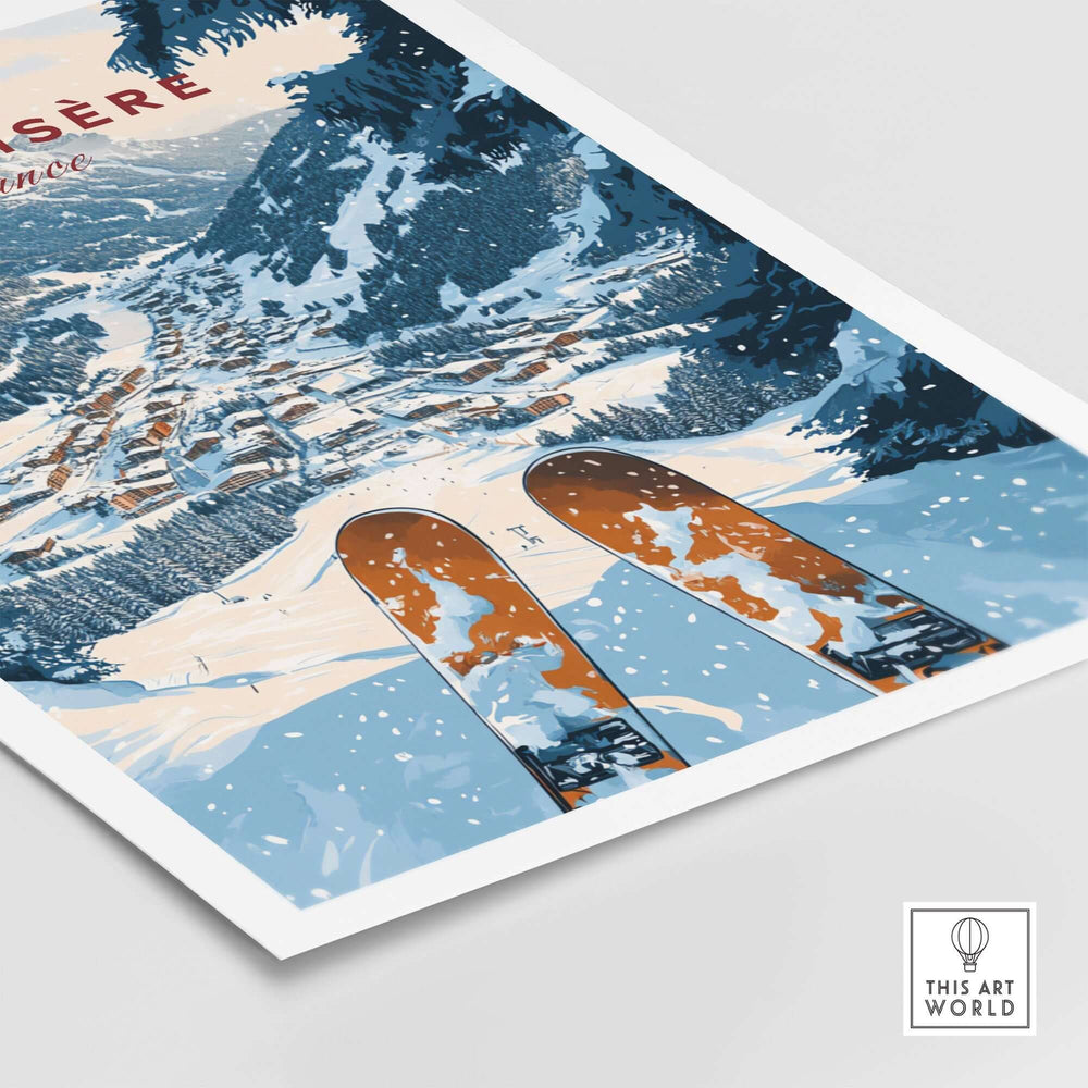 Val d'Isere ski poster featuring snowy slopes and skis, capturing the beauty of this iconic ski destination.