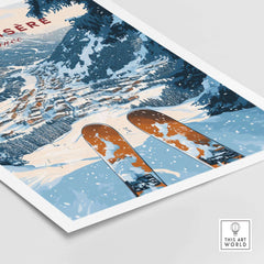 Val d'Isere ski poster featuring snowy slopes and skis, capturing the beauty of this iconic ski destination.
