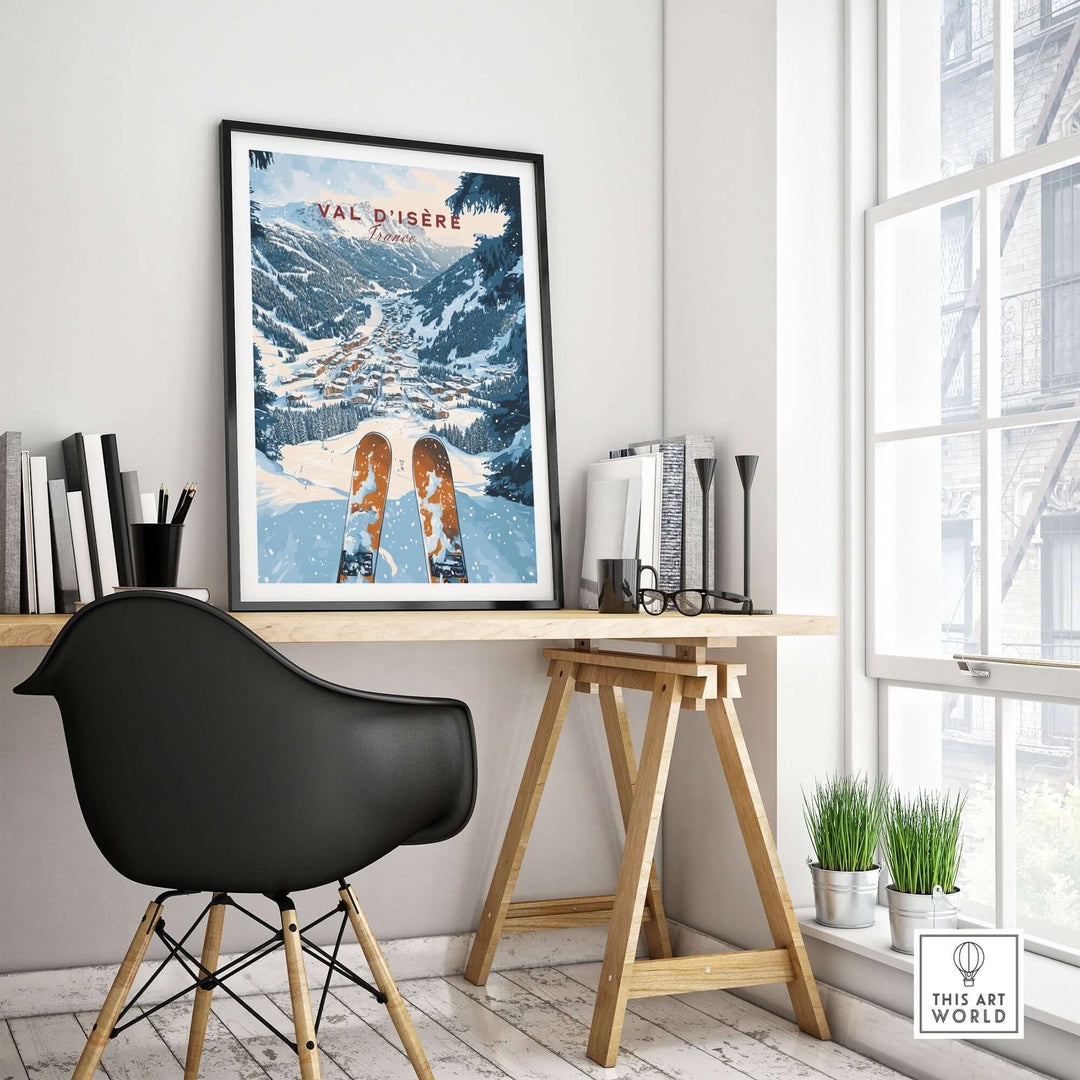 Val d'Isere print displayed on a stylish desk, capturing the iconic ski destination's beauty in a modern home decor setting.