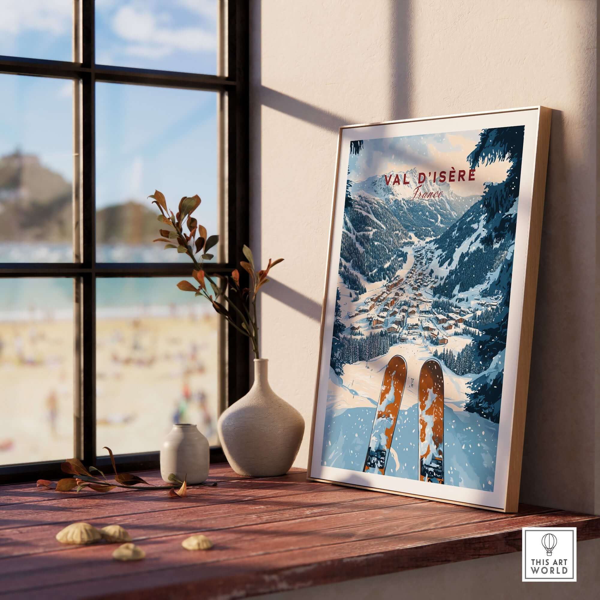 Val d'Isère ski poster displayed in a sunny room, showcasing snowy mountains and vibrant slopes, perfect for home decor.