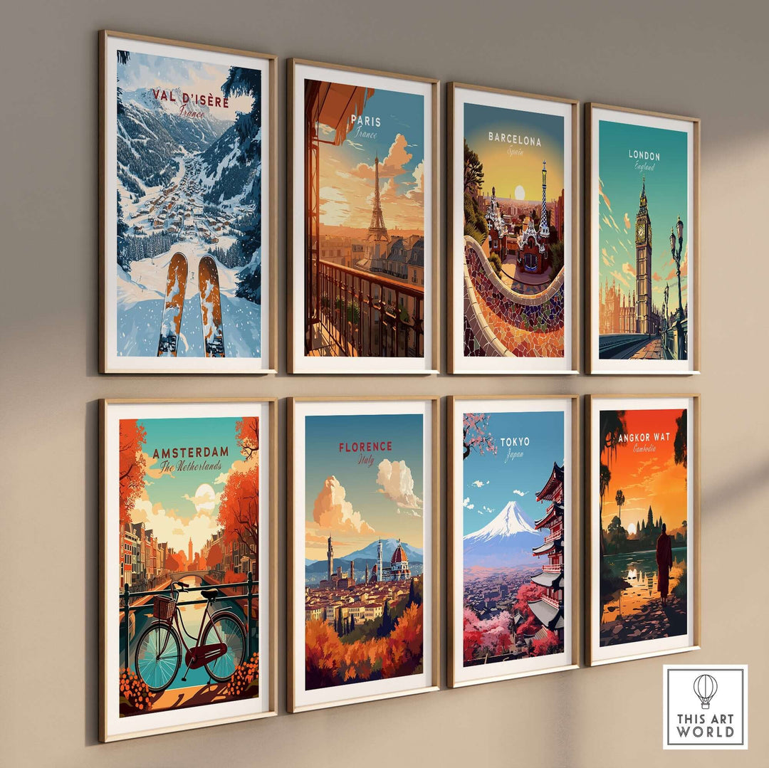 Colorful travel posters featuring Val d'Isère, Paris, Barcelona, London, Amsterdam, Florence, Tokyo, and Angkor Wat.