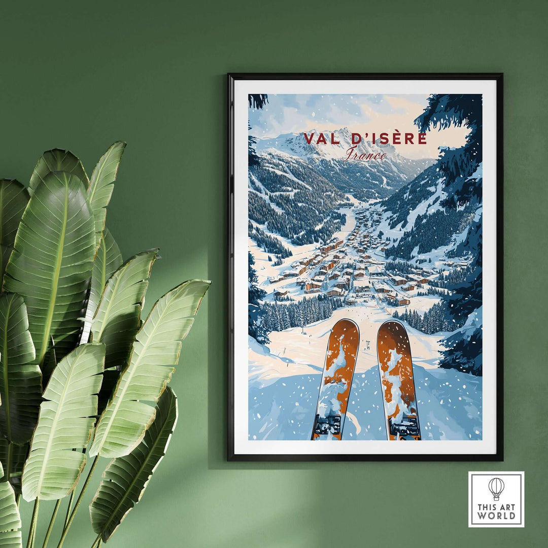 Val d'Isère ski print featuring snowy slopes and ski poles, perfect for home decor and ski enthusiasts.