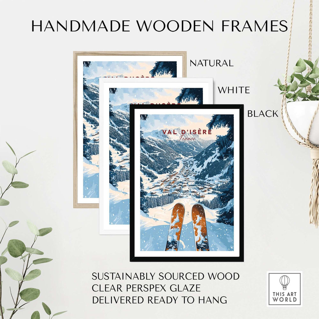 Val d'Isere print in handmade wooden frames, showcasing natural, white, and black options with sustainable materials.