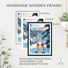 Val d'Isere print in handmade wooden frames, showcasing natural, white, and black options with sustainable materials.