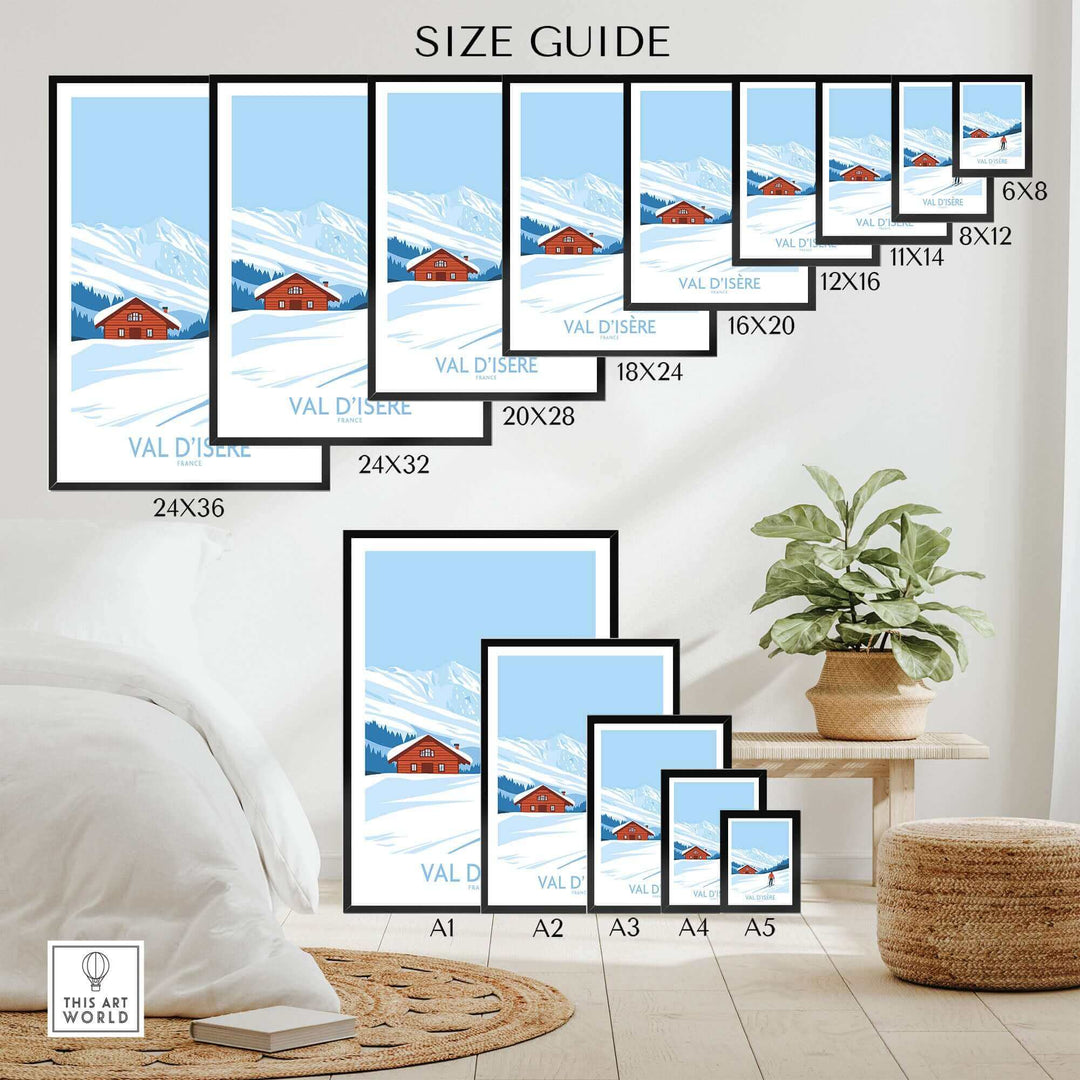 Val-d'Isère print size guide with scenic snowy landscape artwork in various frame dimensions displayed on a cozy living room wall