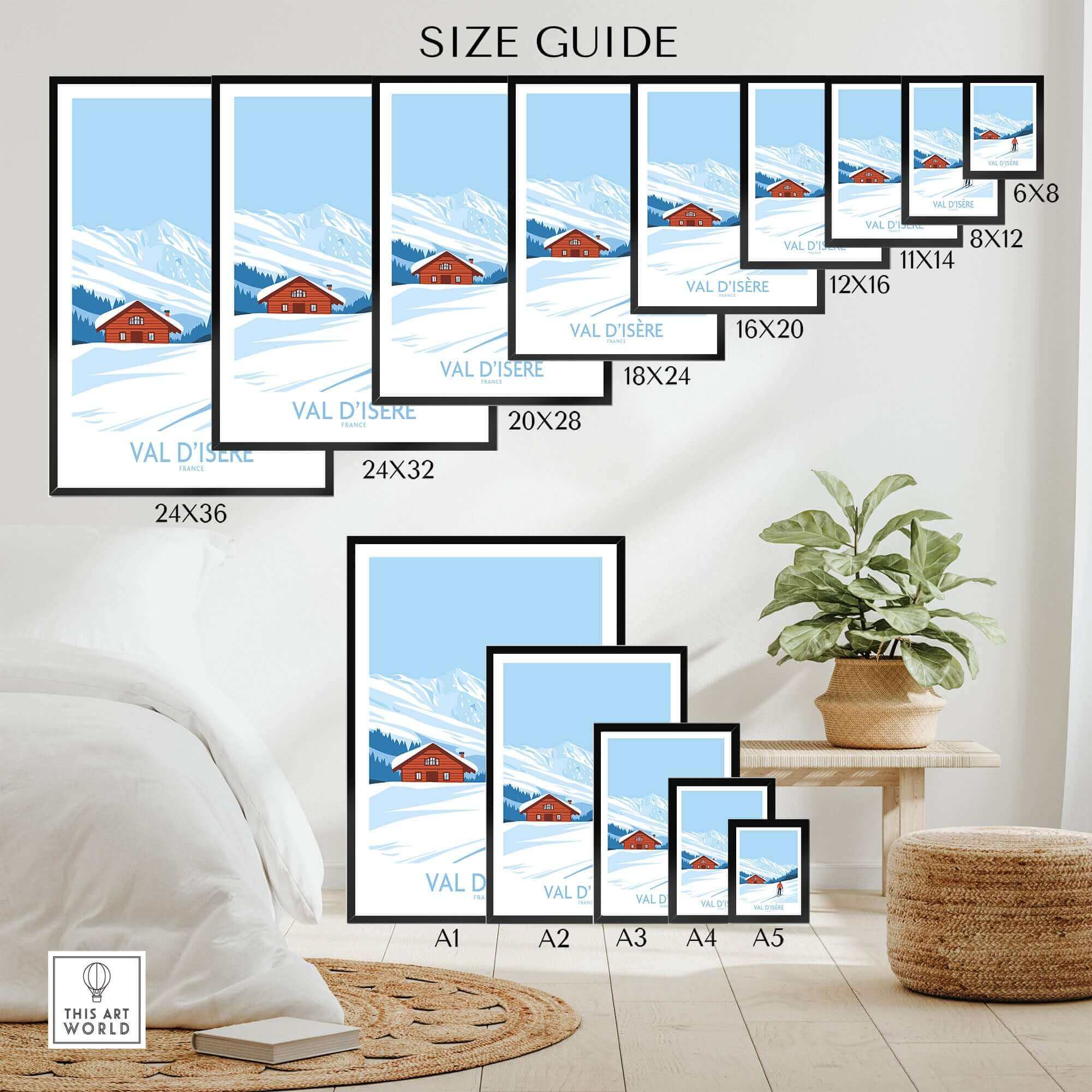 Val-d'Isère print size guide with scenic snowy landscape artwork in various frame dimensions displayed on a cozy living room wall