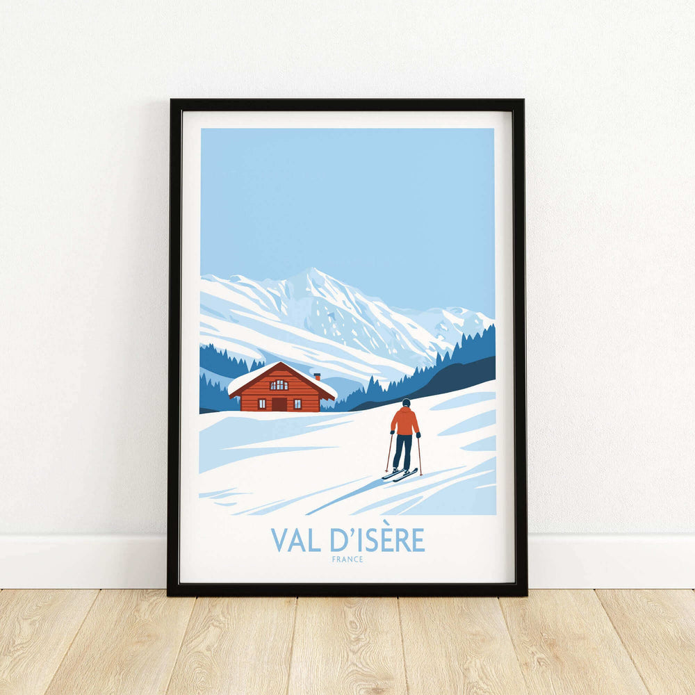 Val-d'Isère ski poster print with mountains and chalet, French Alps decor.