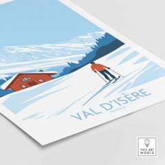 Val-d'Isère France print featuring skier and snowy mountain landscape with cabin, by This Art World