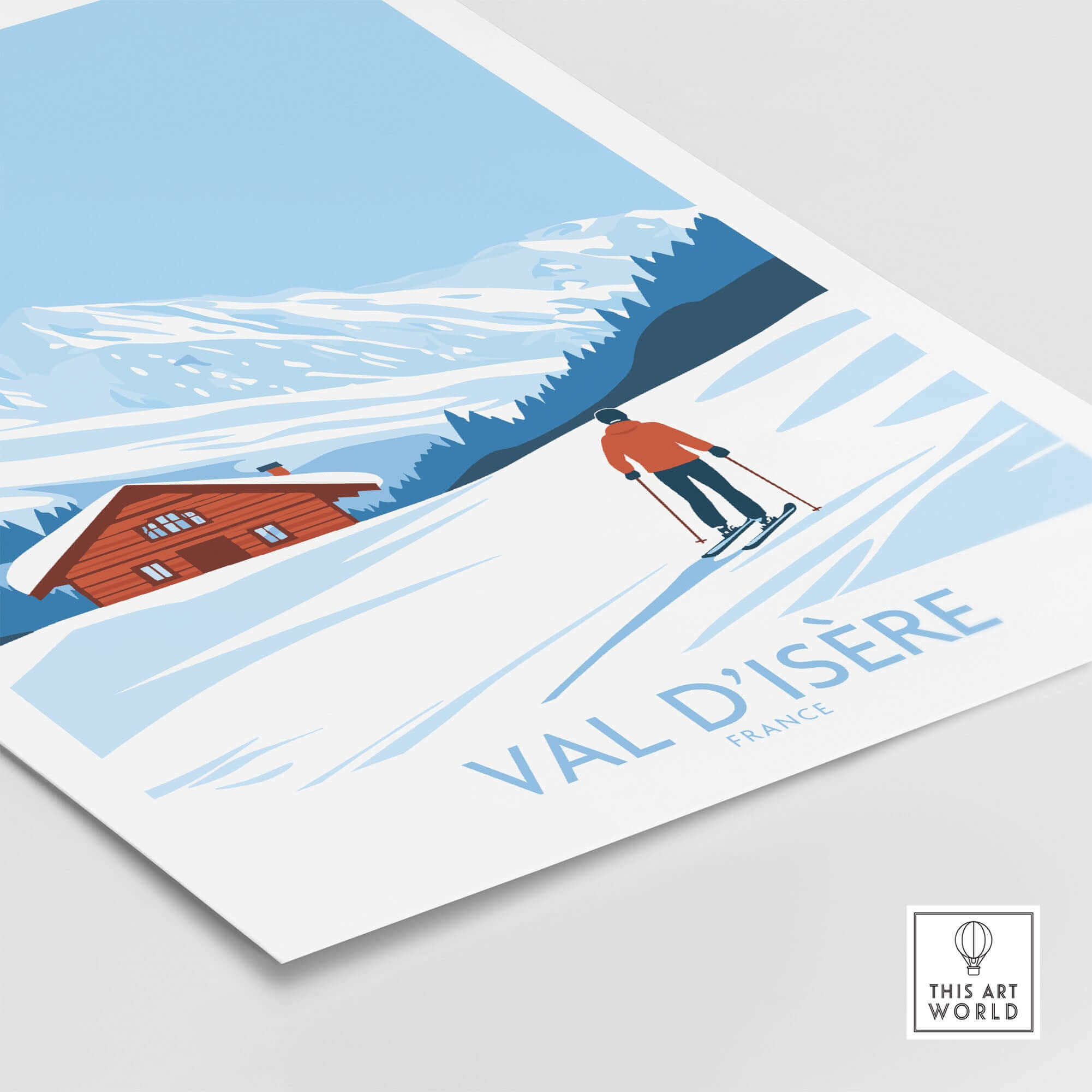 Val-d'Isère France print featuring skier and snowy mountain landscape with cabin, by This Art World