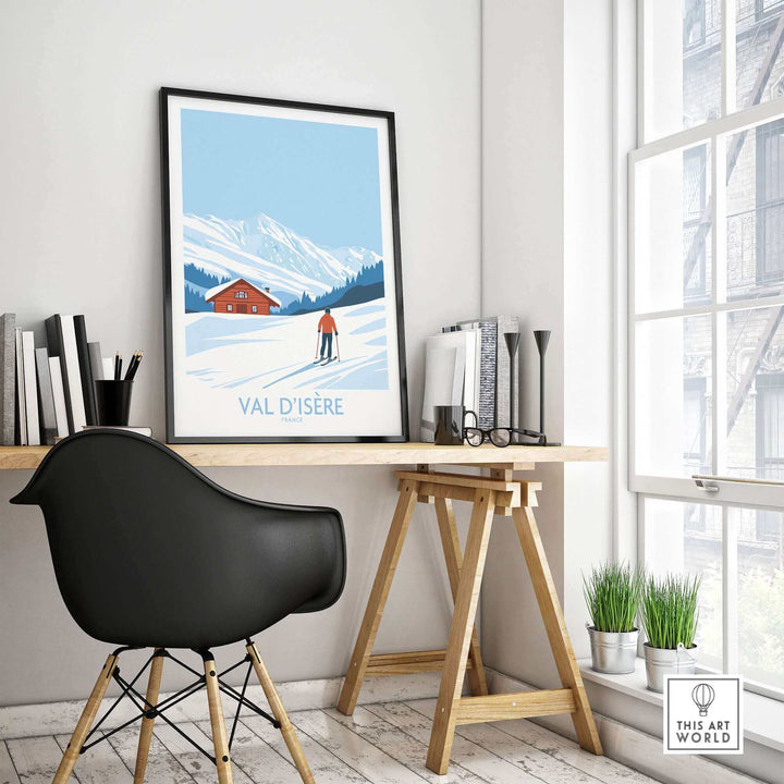 Val-d'Isère print framed in modern room, featuring snow-covered mountains and a skier in France, ideal for art and travel lovers.