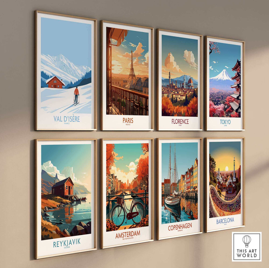 Gallery wall with travel prints of Val-d'Isère, Paris, Florence, Tokyo, Reykjavik, Amsterdam, Copenhagen, and Barcelona