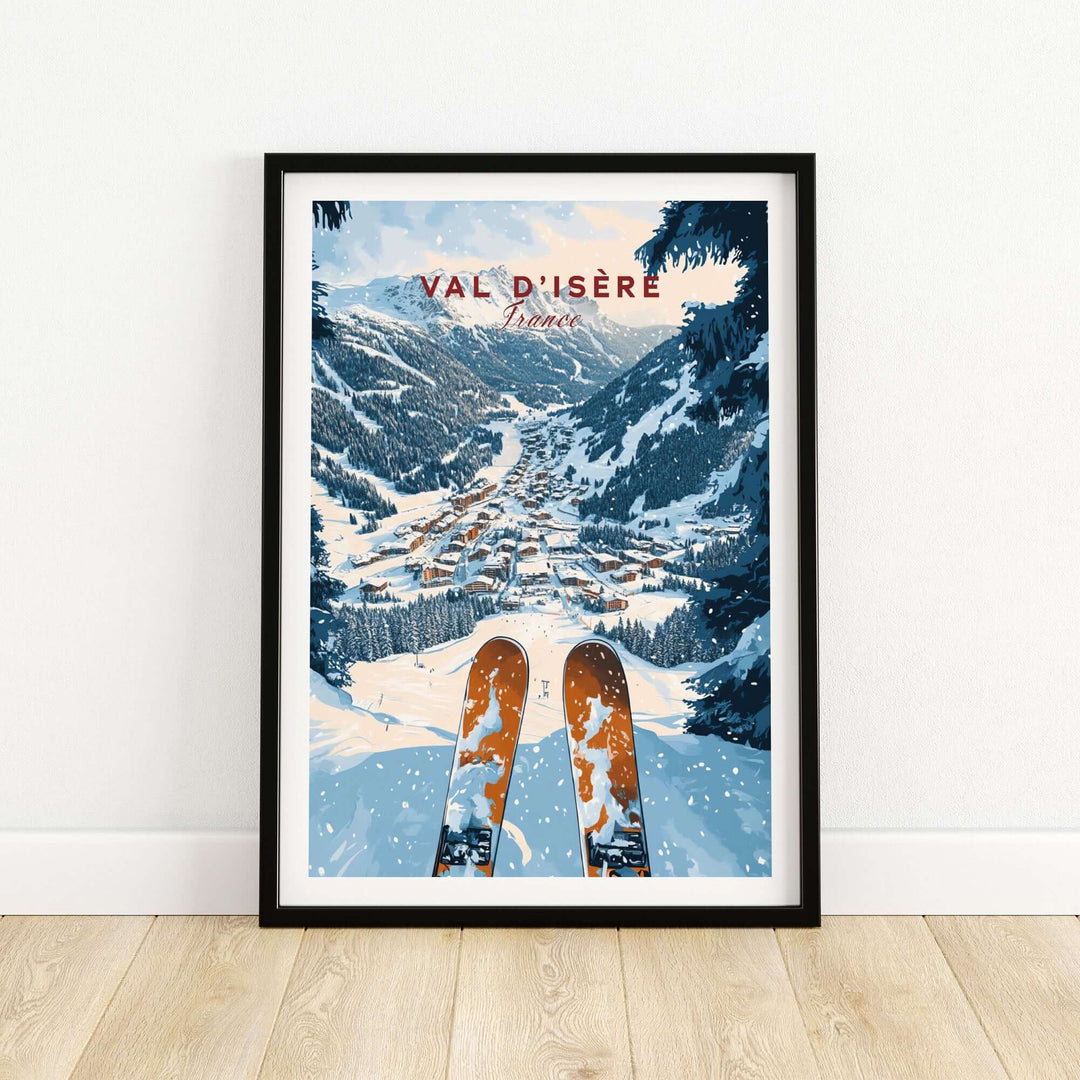 Val d'Isère print featuring snowy slopes and ski gear, perfect for home decor and ski enthusiasts.