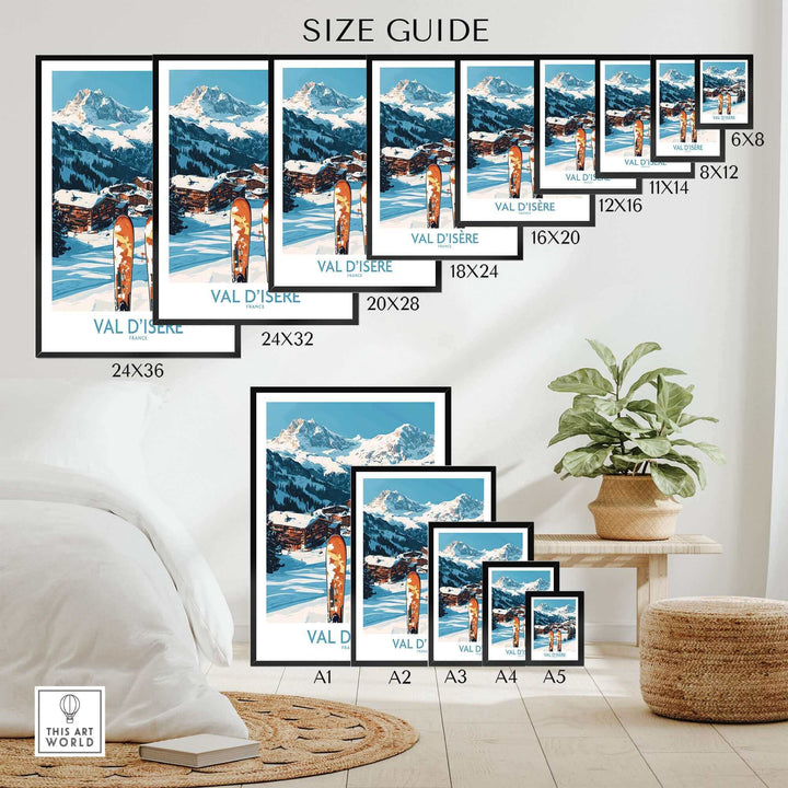 Val-d'Isère Ski Poster size guide with various art print dimensions displayed in a cozy room with plants.