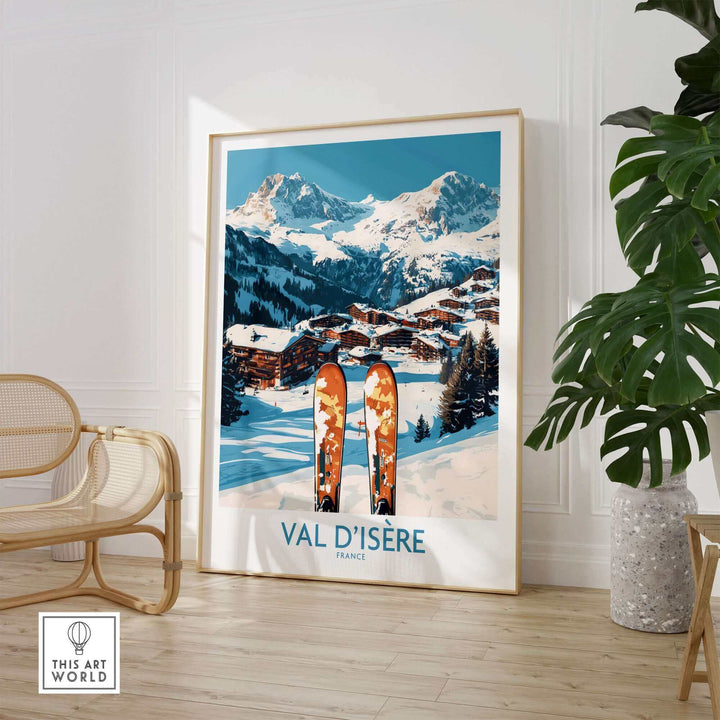 Val-d'Isère ski poster in modern room setting, featuring snowy mountain landscape and skis, ideal for French Alps decor.