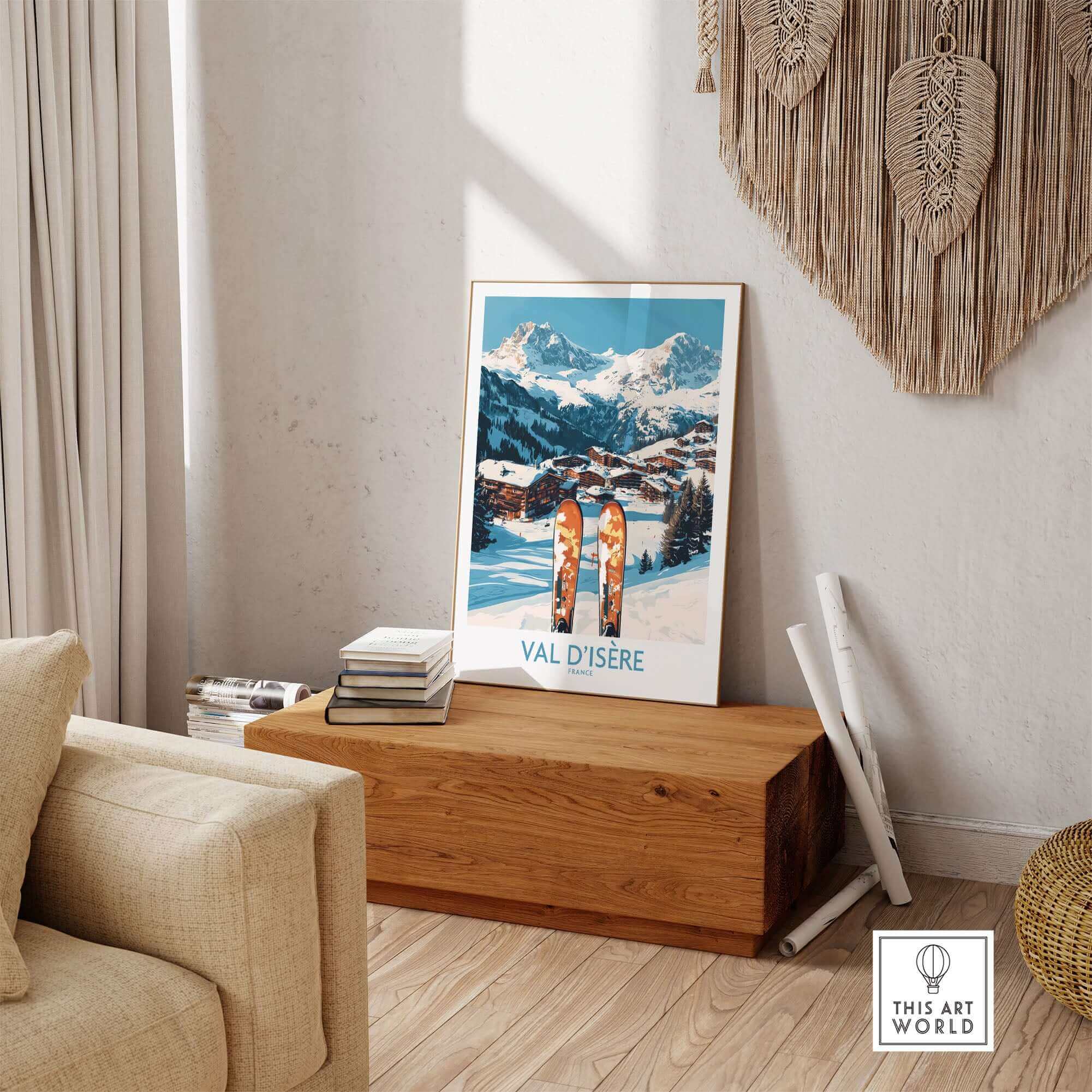 Val-d'Isère ski poster in cozy room, showcasing snow-covered mountains for winter sports enthusiasts.