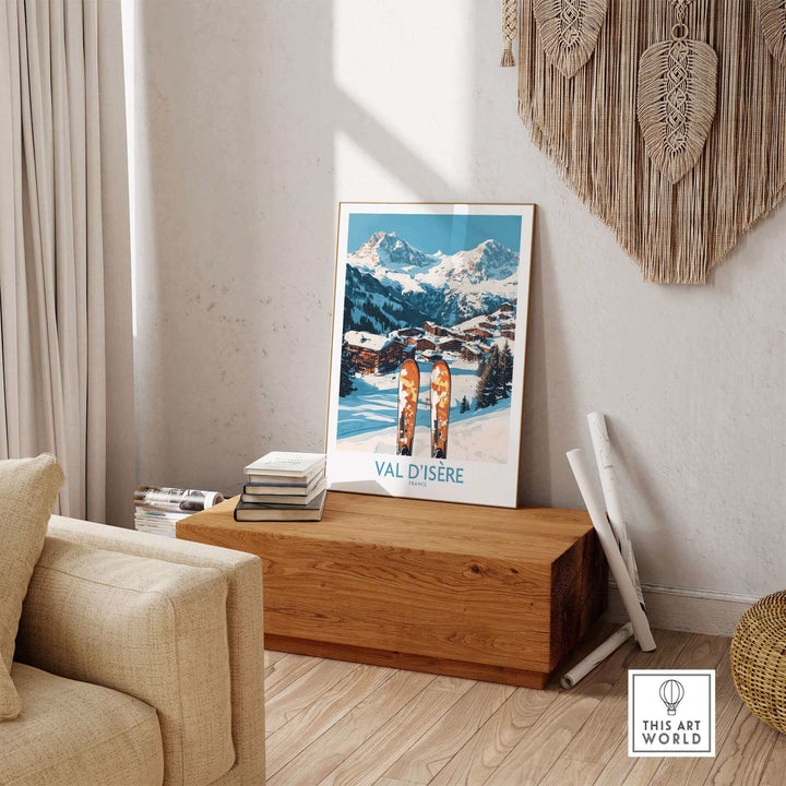 Val-d'Isère ski poster in cozy room, showcasing snow-covered mountains for winter sports enthusiasts.