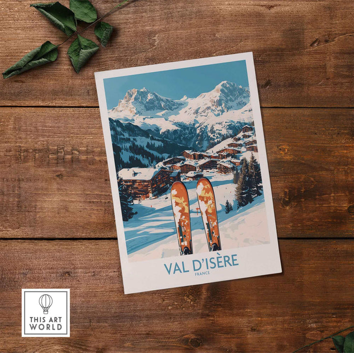 Vintage Val-d'Isère ski poster with skis and snowy mountains, perfect for alpine decor and winter sports enthusiasts.