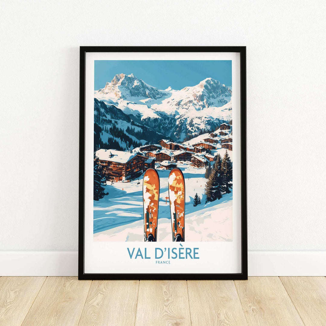 Val-d'Isère ski poster featuring vintage skis, snowy mountains, and a village landscape, in a stylish black frame.