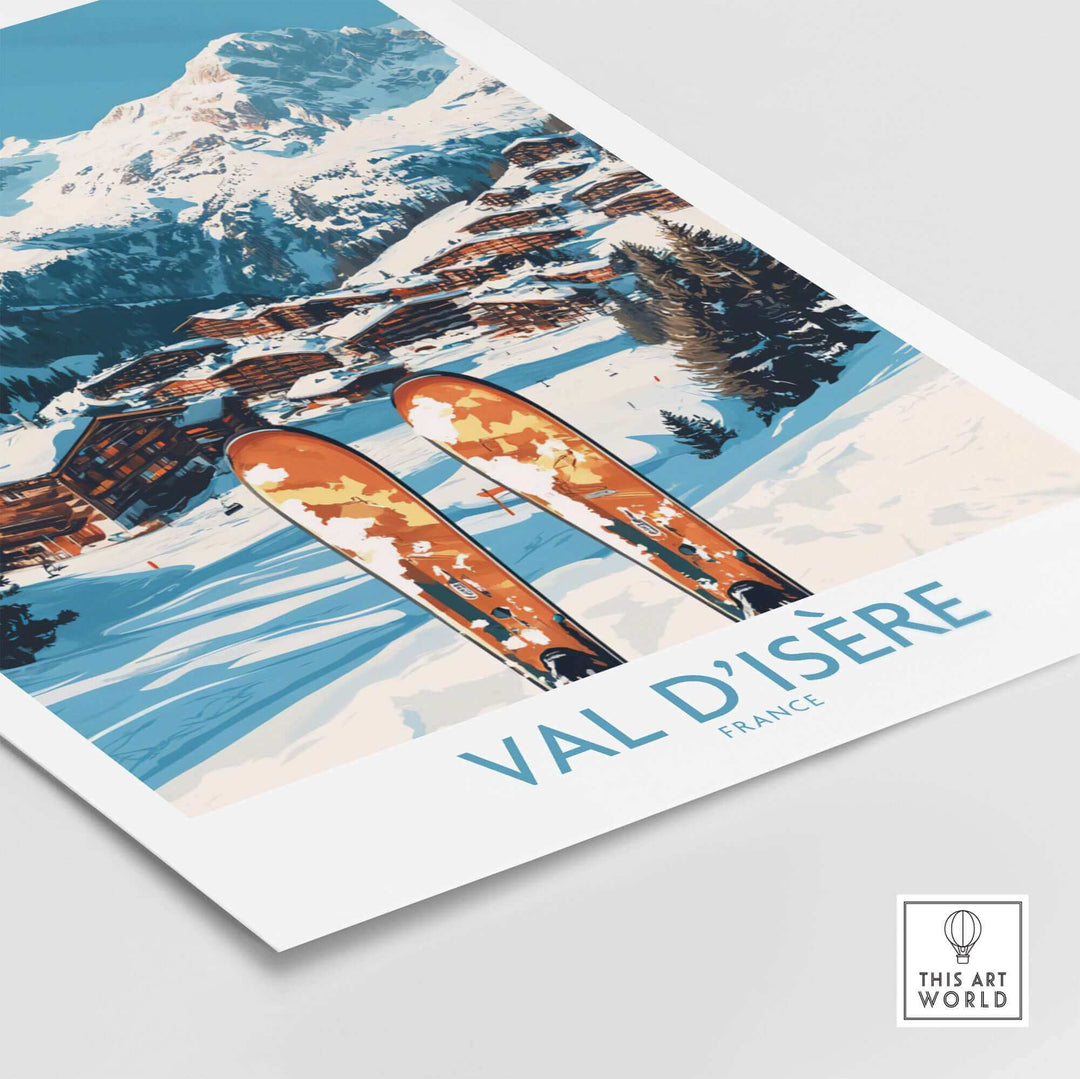 Val-d'Isère ski poster featuring snowy mountains and vibrant skis in a picturesque winter landscape.