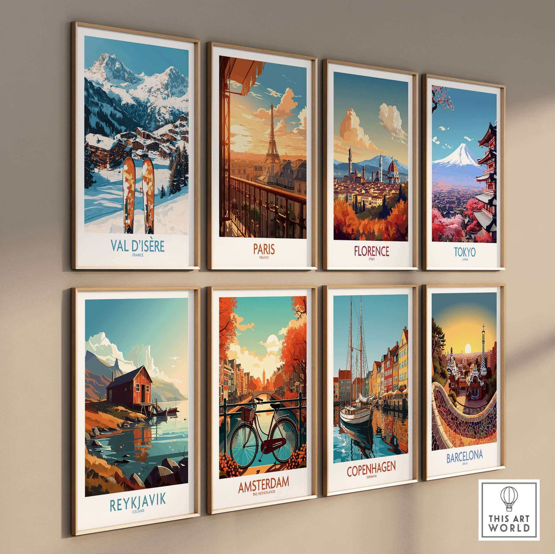 Collection of vintage travel posters featuring Val-d'Isère, Paris, Florence, Tokyo, Reykjavik, Amsterdam, Copenhagen, and Barcelona.