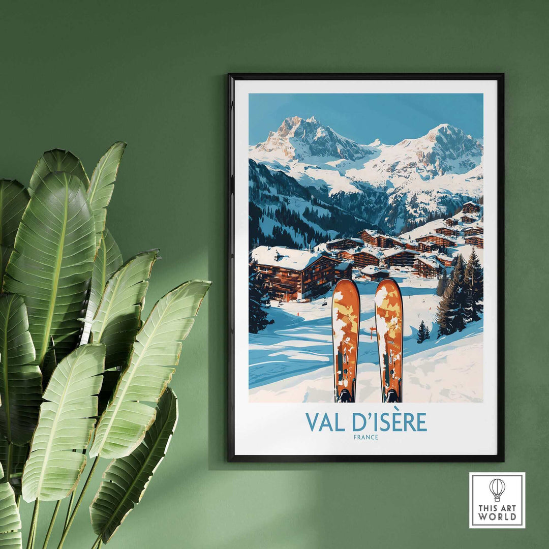 Val-d'Isère ski poster featuring snow-capped mountains and ski slopes, perfect winter decor for ski enthusiasts.