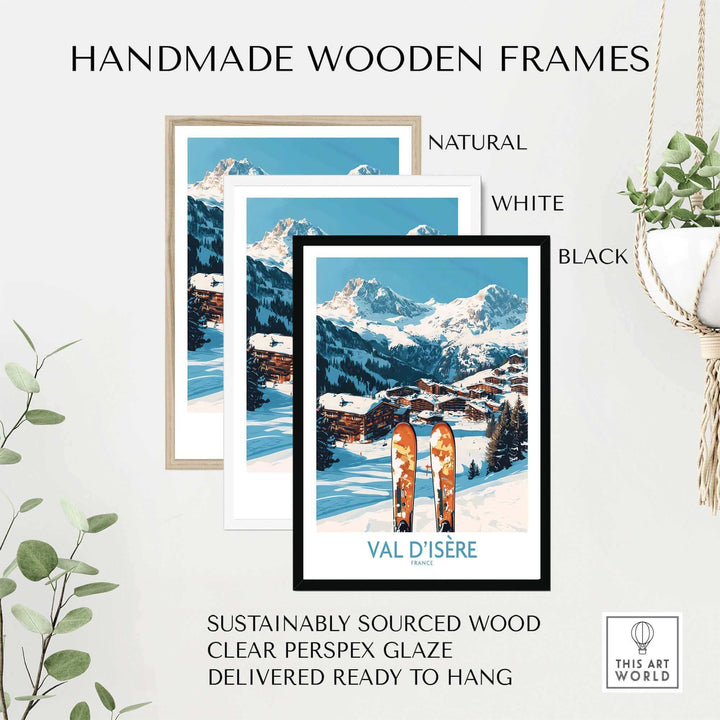 Val-d'Isère ski poster in handmade wooden frames, available in natural, white, and black colors, ready to hang.