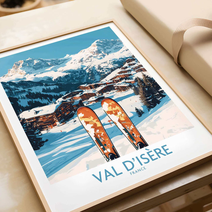 Val-d'Isère ski poster featuring vibrant skis and a snowy mountain landscape, perfect for winter sports enthusiasts' decor.