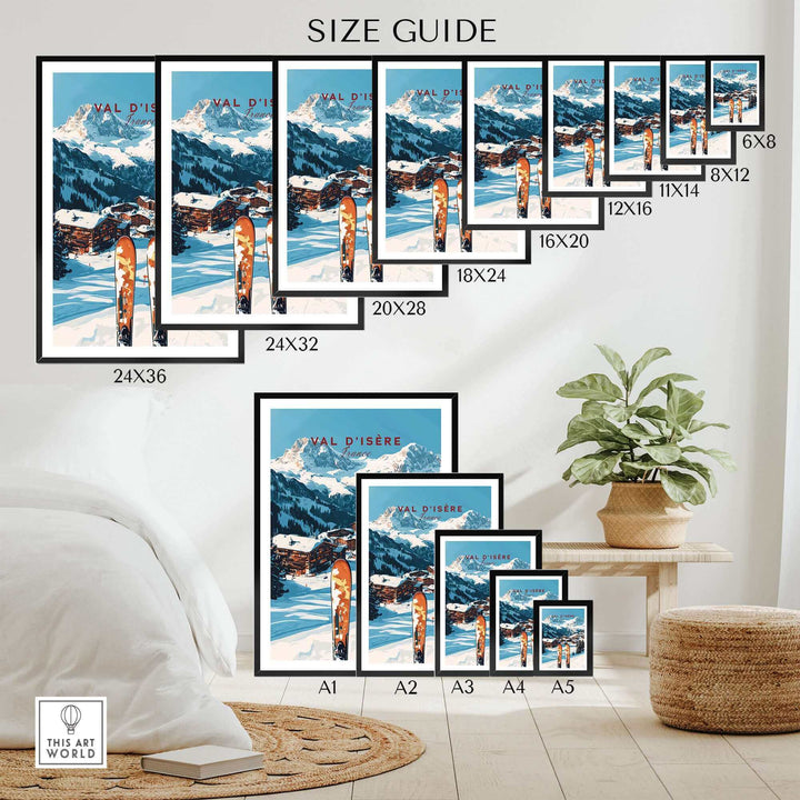 Val-d'Isère Ski Print Size Guide Displayed in Living Room with Mountain Scenery Art